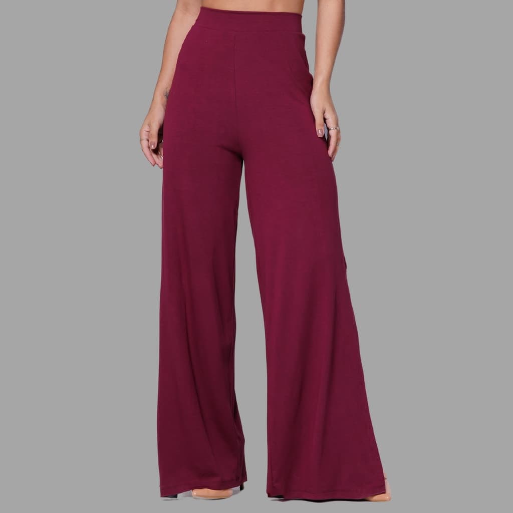 Calça Pantalona Feminina Cintura Alta Viscolycra Com Recorte Na Perna