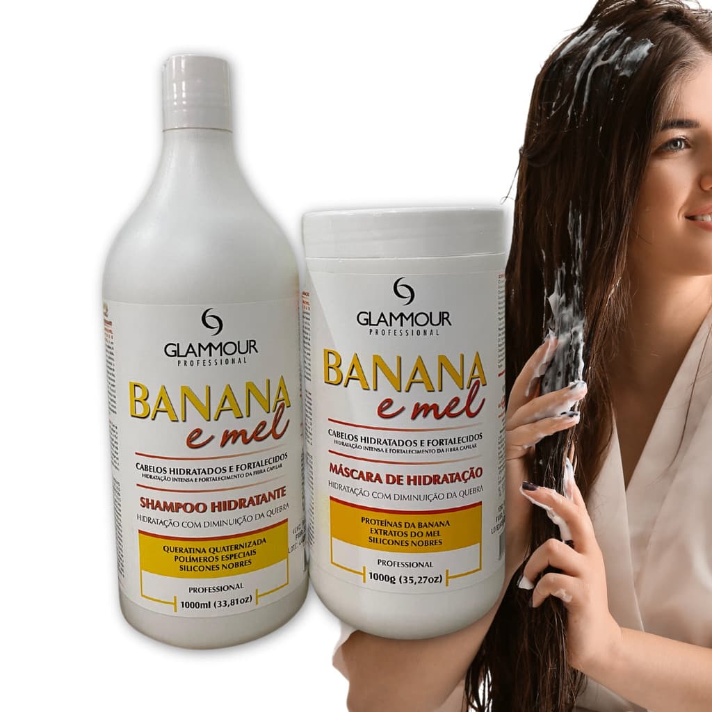 Kit de cabelo Shampoo e Máscara Creme 1L Hidratação capilar Glamour Banana e Mel