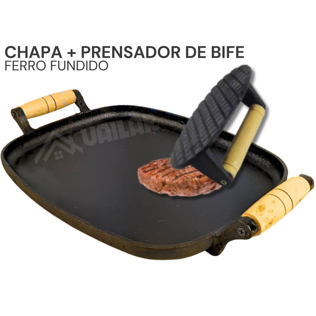 Chapa de ferro bifeteira oval + Prensador de bife ferro fundido alça madeira multiuso chapa de fogão chapa pequena