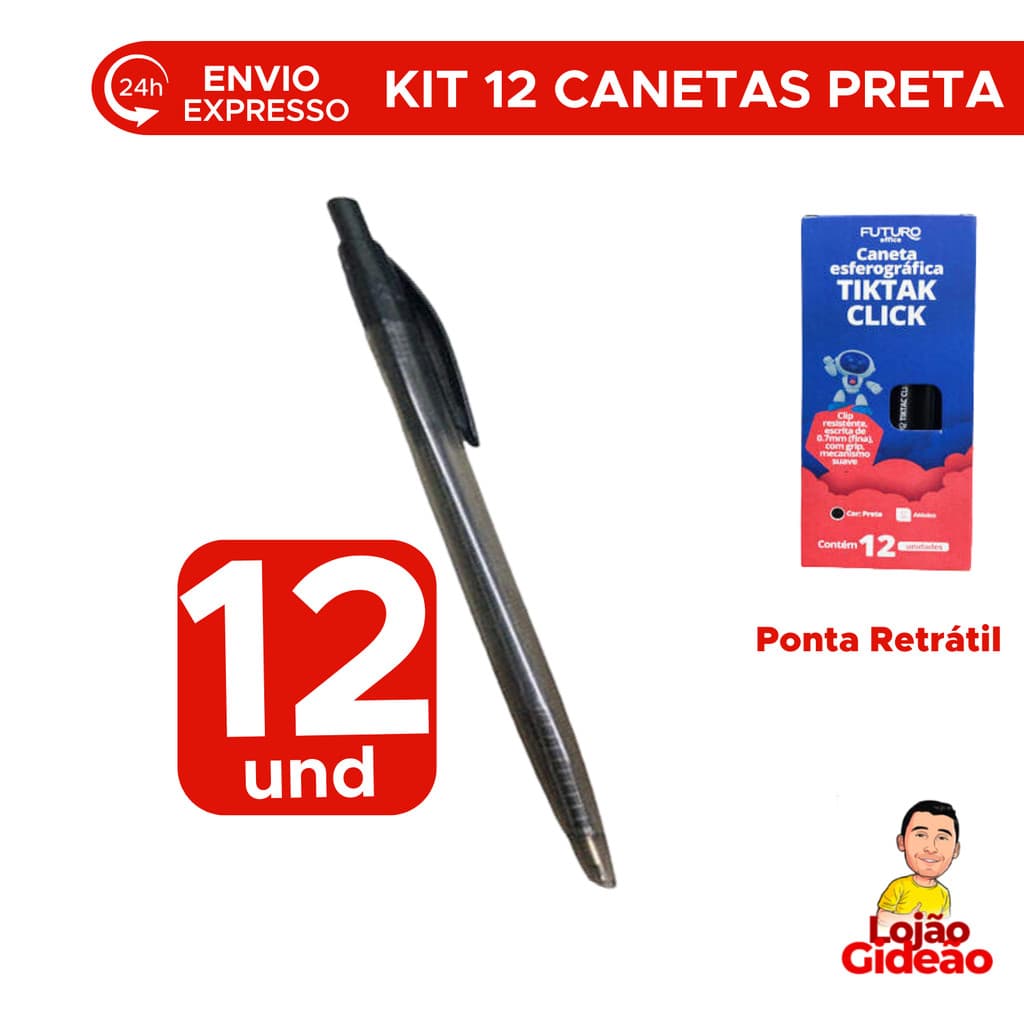 Kit Com 12 Canetas Pretas 0.7mm TikTak Ponta Fina Escrita Macia Escola Escritório Revenda