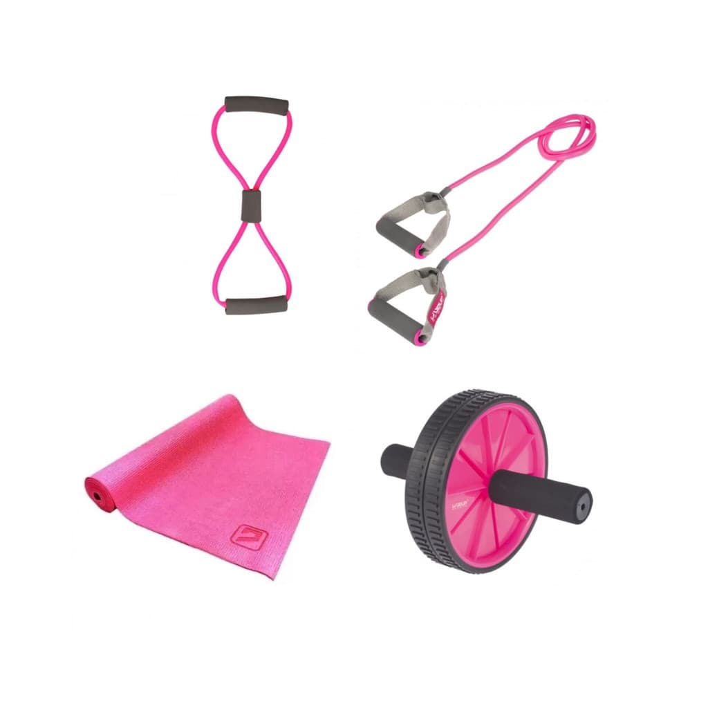 Kit Fitness Leve Elástico Oito + Extensor 1 Via + Tapete de Yoga + Roda Exercícios Rosa Liveup