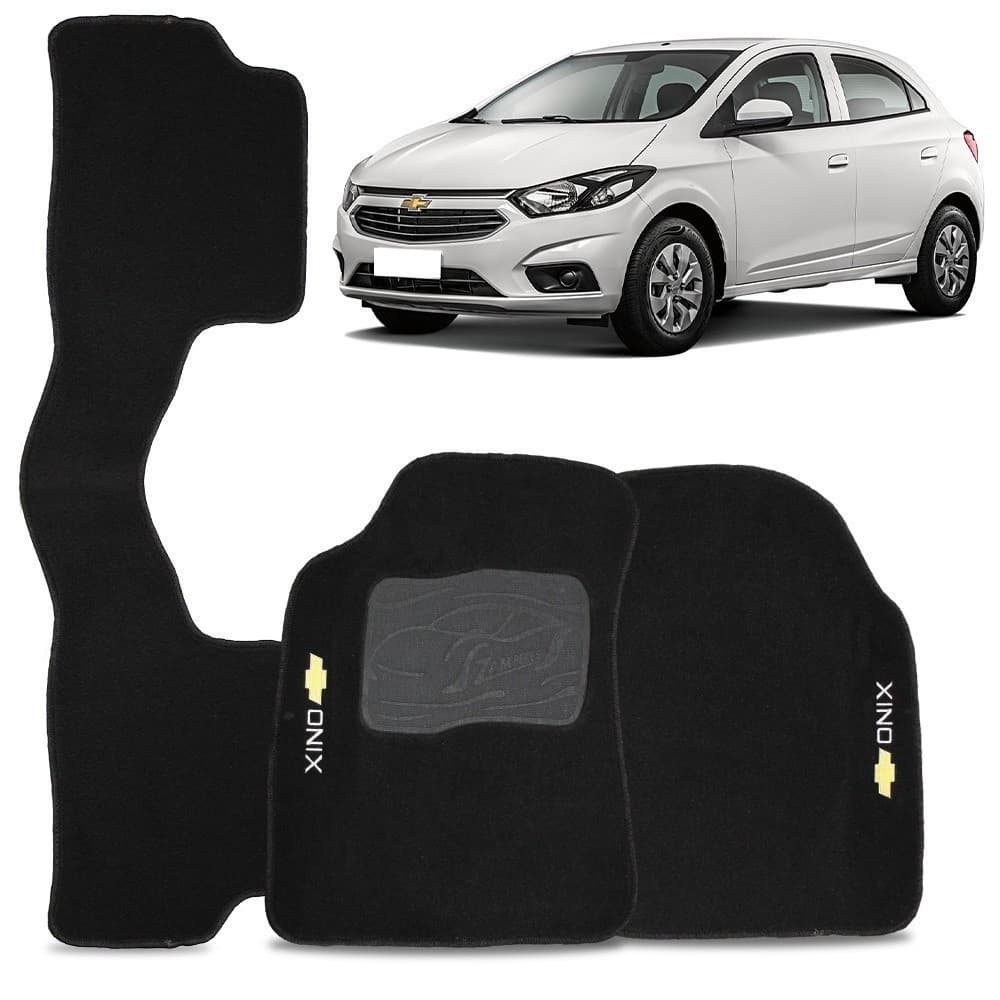 Tapete de Carpete para Onix 2012-2019 – Preto com Logo Bordado – Kit Completo de 3 Peças.