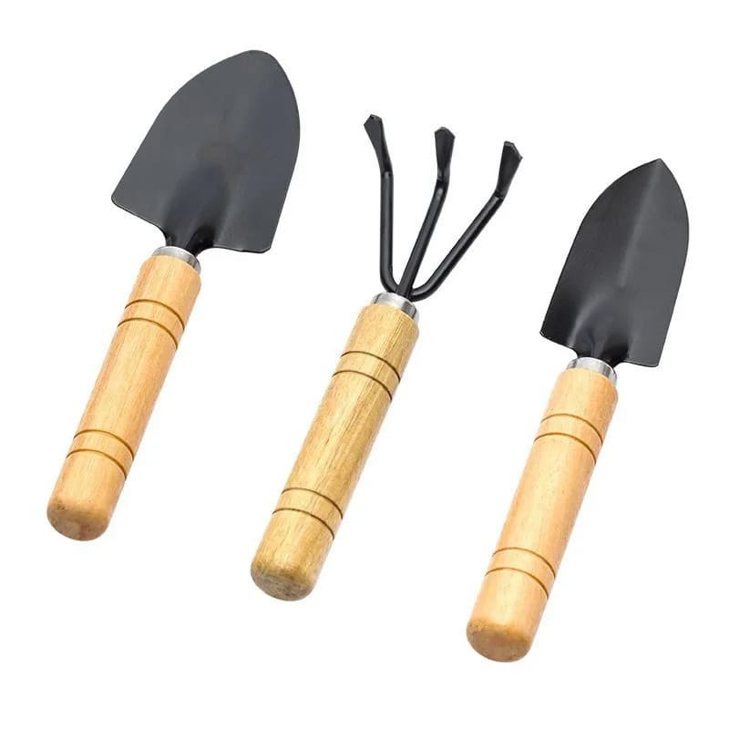 Kit Jardinagem 3 Peças Conjunto Ferramentas Pá Ancinho Cabo de Madeira Horta Jardim