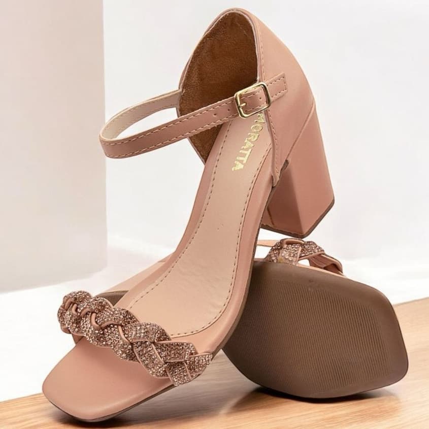Sandália Salto Bico Quadrado Trança de Strass Feminino Elegante