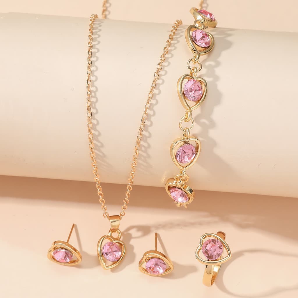 Conjunto De Joias De Coração Europeu 4 Peças Colar Oco Brincos Pulseira De Anel Para Mulheres