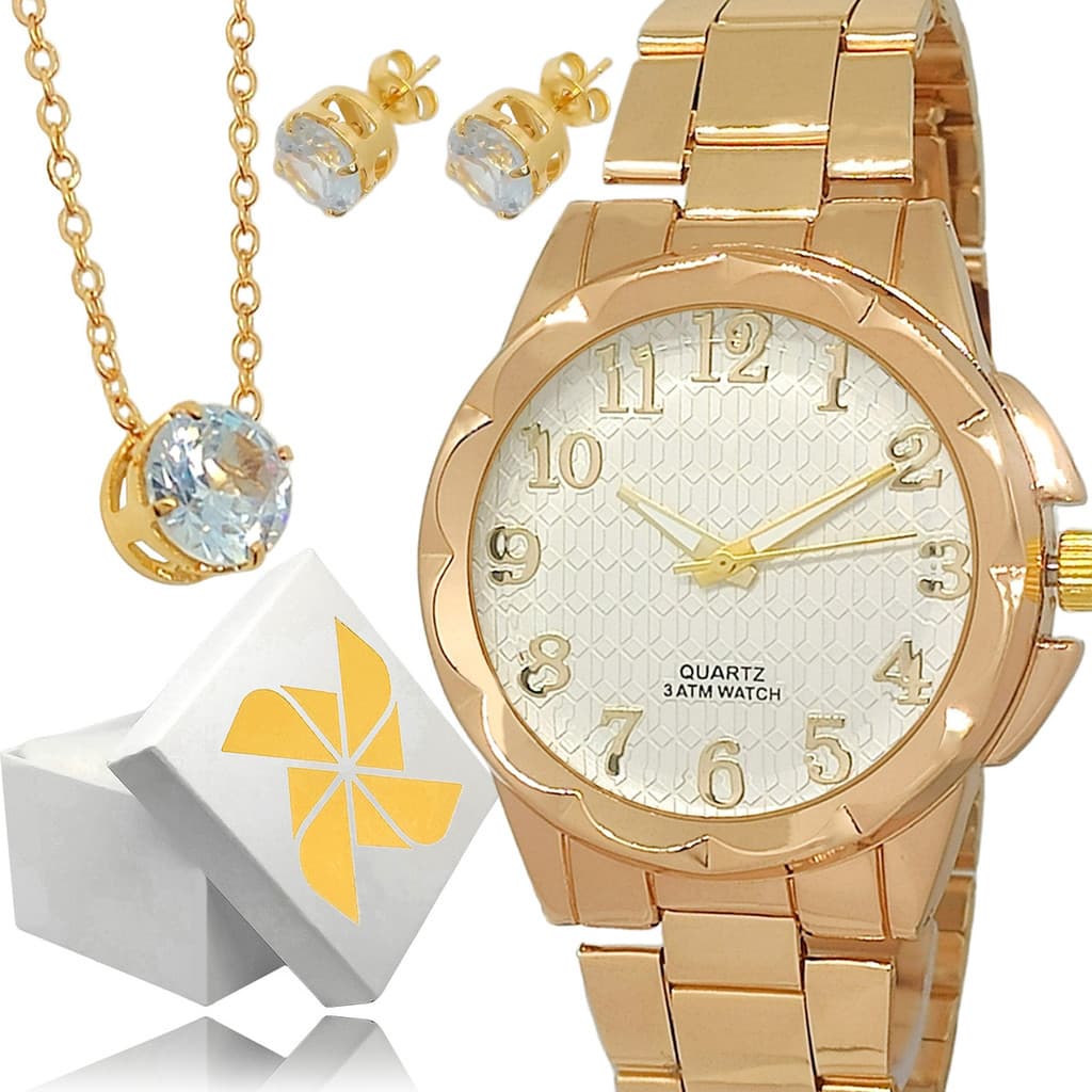 Relógio Feminino Metal Delicado Original + Kit Colar e Brincos
