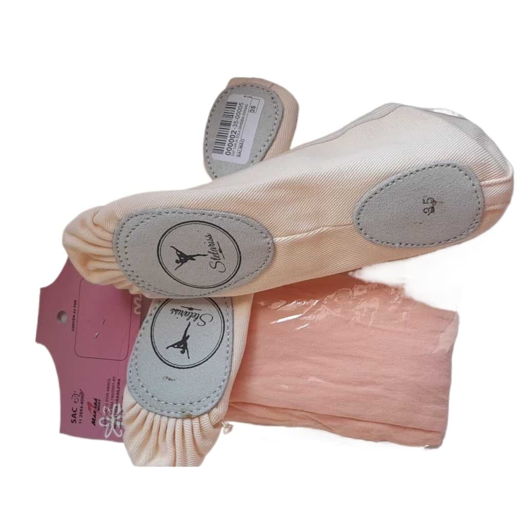 KIT. SAPATILHA MEIA PONTA BALLET EM LONA OVINHO MARCA STELARISS  MAIS MEIA CALÇA FIO 40  MARCA MARABÁ COR SALMÃO