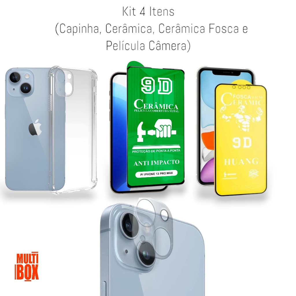 Kit Proteção 4Em1: Capa + Película Cerâmica  +Película Fosca + Película Câmera Para Iphone 14 Plus