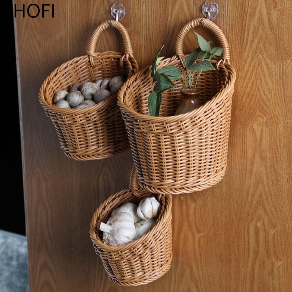 Cestas De Armazenamento De Frutas Vegetais CHOFI , Cesta Suspensa De Vime De Plástico De Prateleira De Parede Tecida