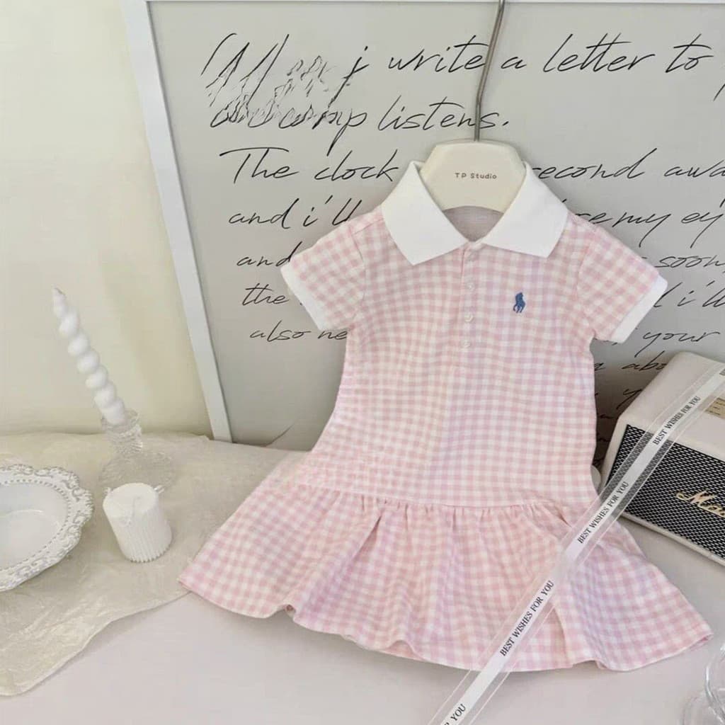Roupas Infantis Coreanas Vestido Polo Xadrez Rosa e Branco Casual Fashionável Doce U3VF