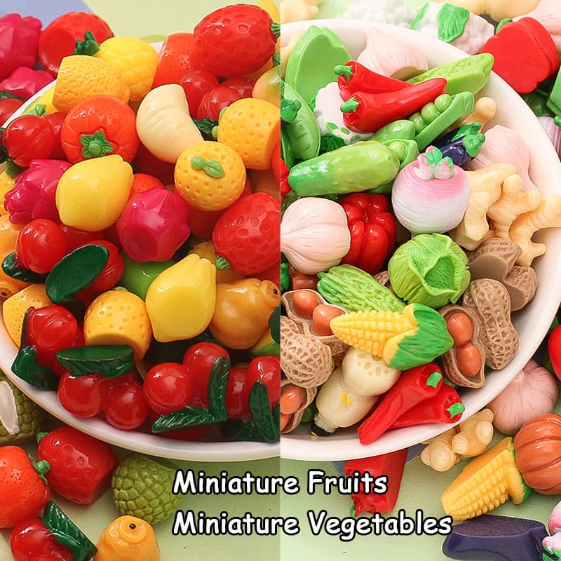 30 Pçs Misturado 3D Miniatura Frutas E Legumes Modelos DIY Resina Brinquedos Bonito Estatuetas De Acessórios Para Casa D