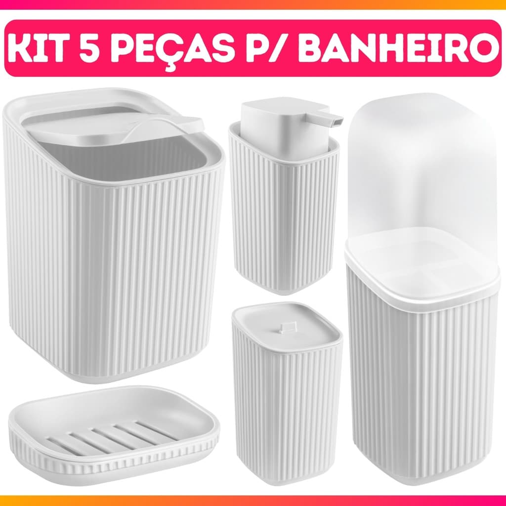 Kit Completo Banheiro 5 Peças Lixeira, Saboneteira e Porta Sabonete Líquido, Escova e Algodão Av