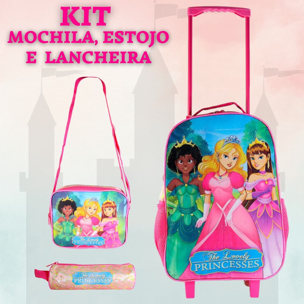 Mochila infantil de rodinha  Princesas Kit 3 peças