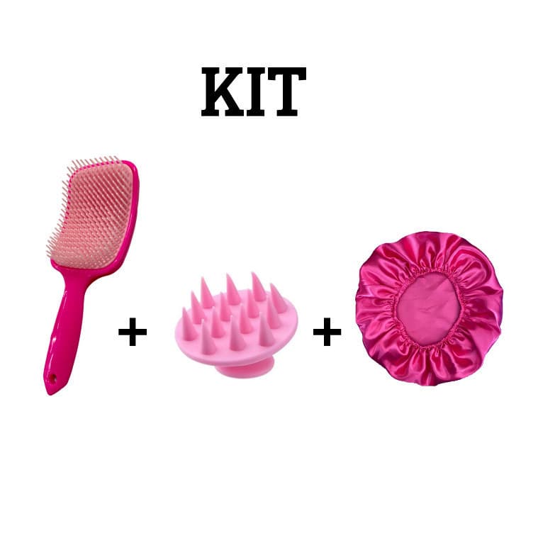 KIT ESCOVA RAQUETE+MASSAGEADORA SILICONE+TOUCA CETIM
