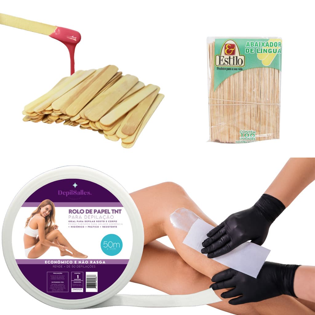 Kit 100 Palito Abaixador de Lingua Depilação + 100 Rolo de Papel TNT para Depilação 50m x 7cm