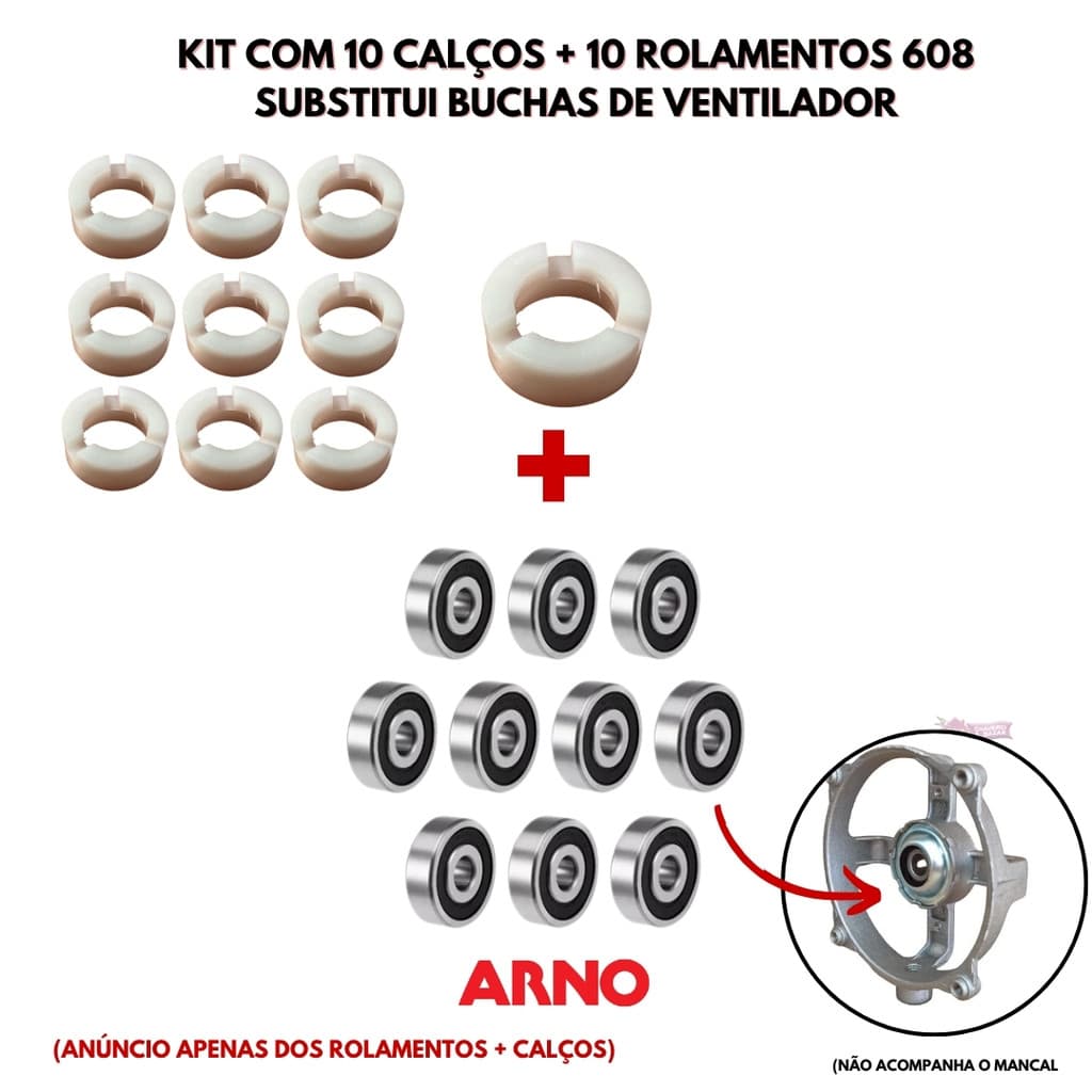 Kit com 10 suportes/Calço ARNO + 10 rolamentos 608 substitui Buchas