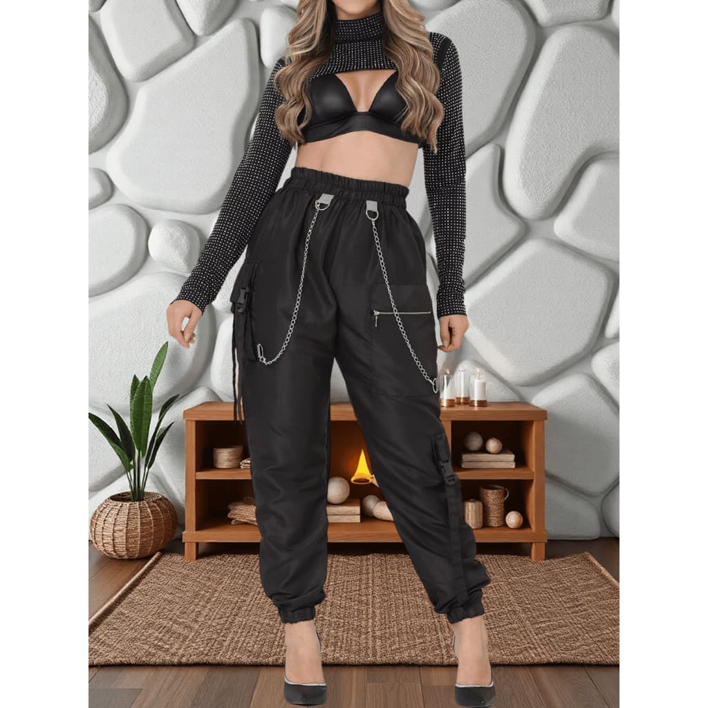 calça cargo Jogger Feminina Longa com Dupla Corrente e Tiras – Ousadia, Conforto e Versatilidade