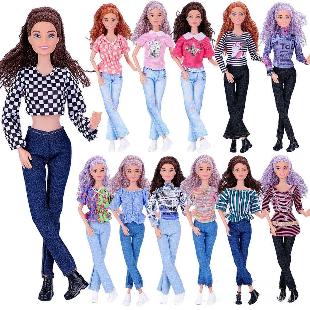 Acessórios de Roupas para Bonecas de 30CM, Top Cropped de Manga Curta, Conjunto de Jeans, Jogo de Vestir Bonecas, Brinqu