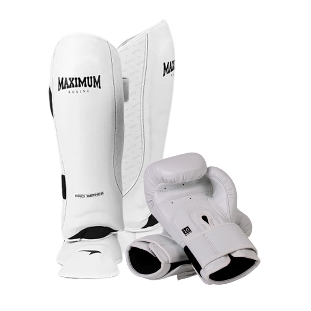Kit Profissional Luva Muay Thai Boxe + Caneleira White - Maximum