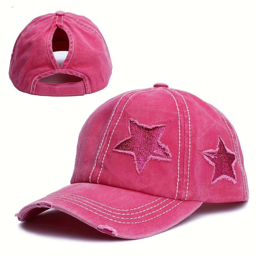 Bonés e Chapéus Rasgados com Padrão Estrela Fashion, Boné de Sol Desgastado Estilo Hip Hop para Rabo de Cavalo ao Ar Liv
