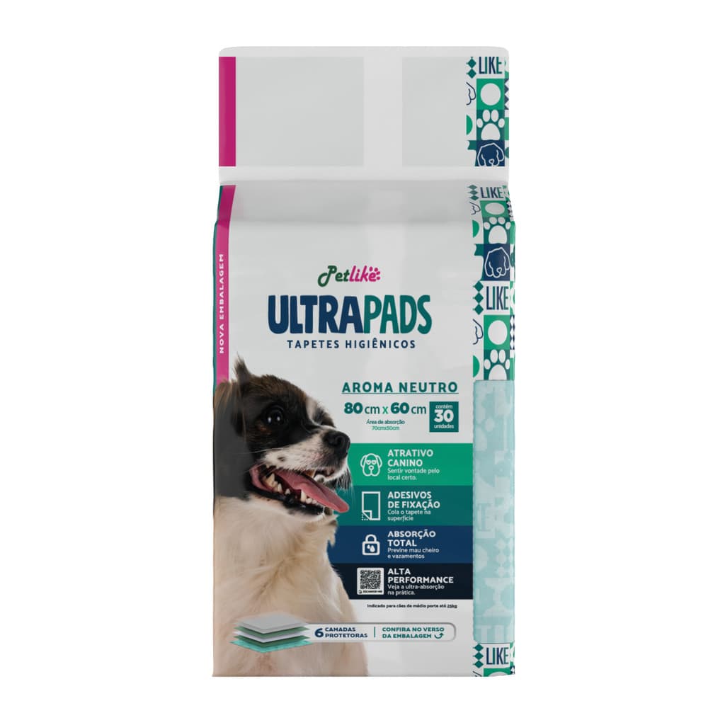 Tapete Higiênico Cães Ultra Pads Aroma Neutro 80cmx60cm 30 unidades Premium Absorção Toral Com Adesivo Atrativo Canino