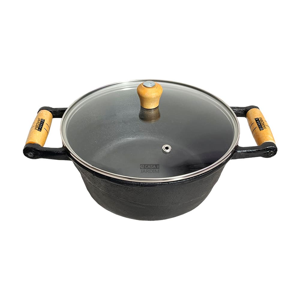 Panela Caçarola De Ferro Alça De Madeira C/ Tampa Vidro 24cm