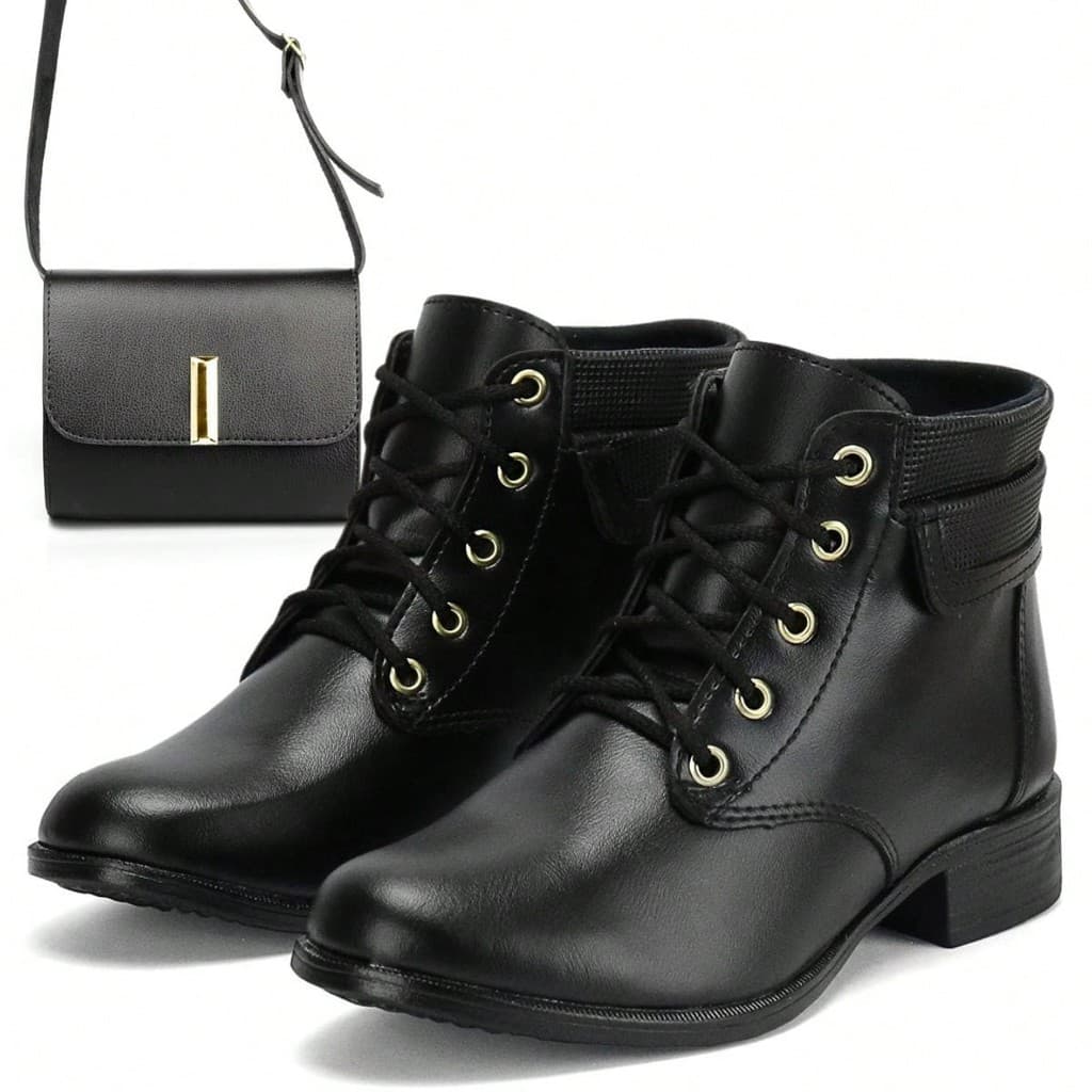 Kit Bota Feminina Coturno Preta Marrom Cano Curto Moda Clássica + Bolsa Transversal