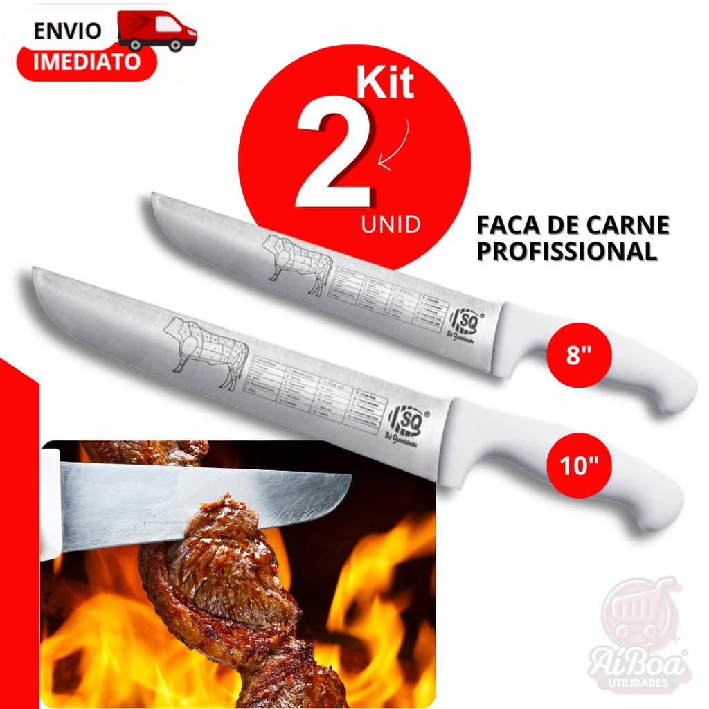 Kits Faca Profissional de 10" e 8" Inox Cozinha Carne Churrasco Chef Cabo Branco