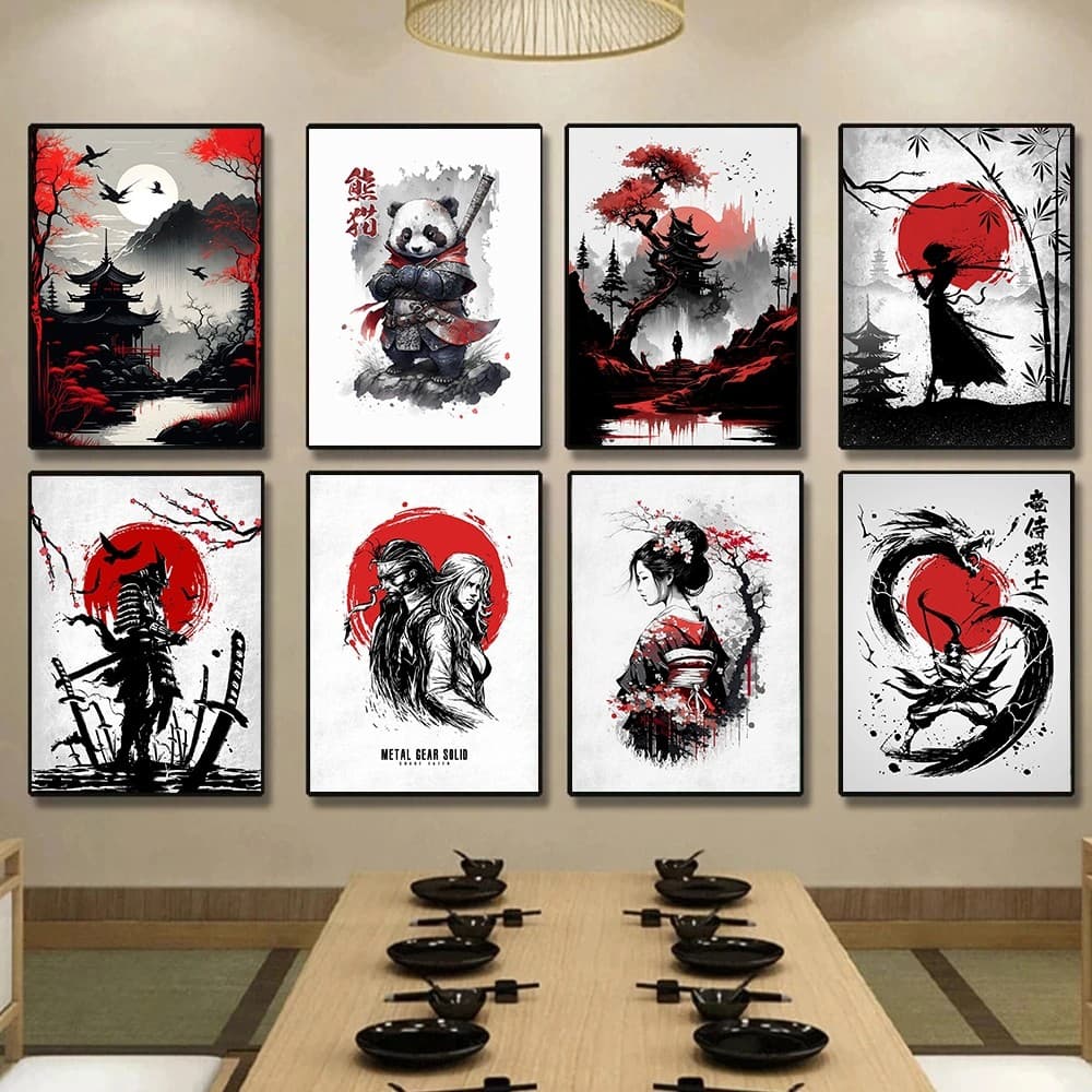 Quadro Decorativo Japonês Samurai Guerreiro Gueixa Mosaico Sala Quarto Escritório