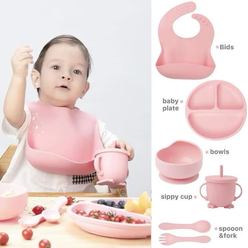 kit 6/8/10 Peças Talheres alimentação silicone Talheres Infantil Com Ventosa Canudo Colher Babador