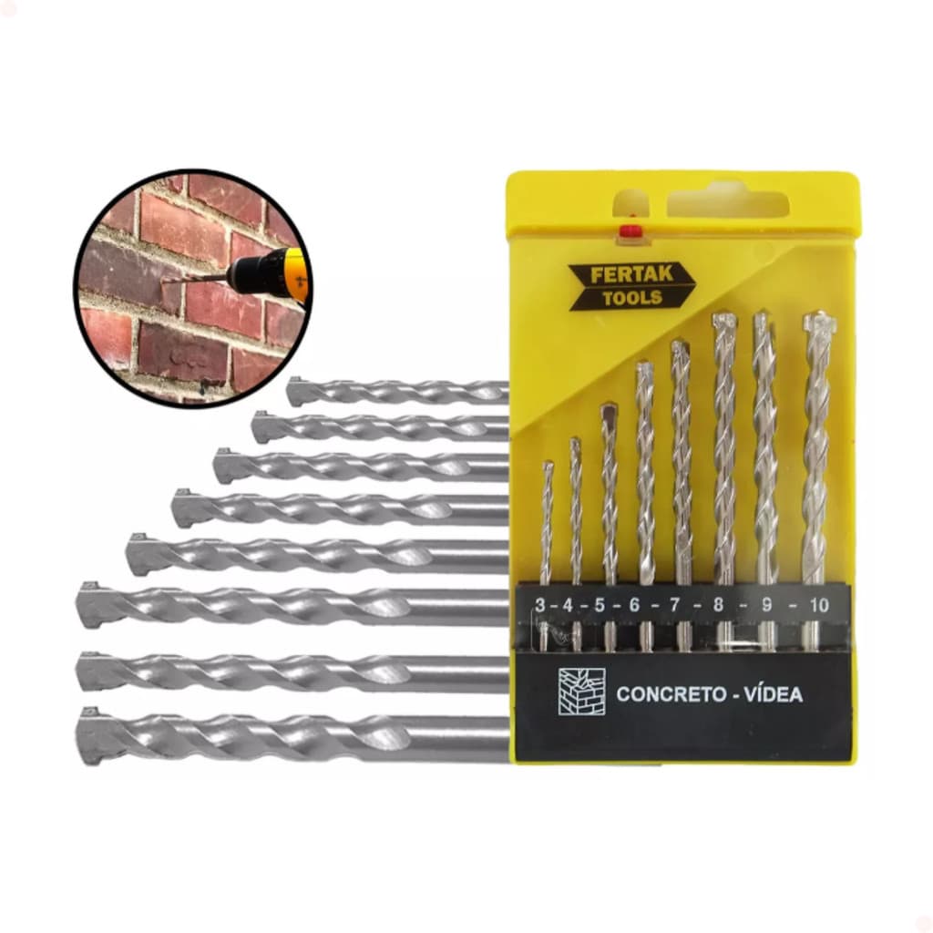 Jogo de Brocas para Concreto e Alvenaria 8 Peças Fertak 3mm a 10mm Furadeira Original