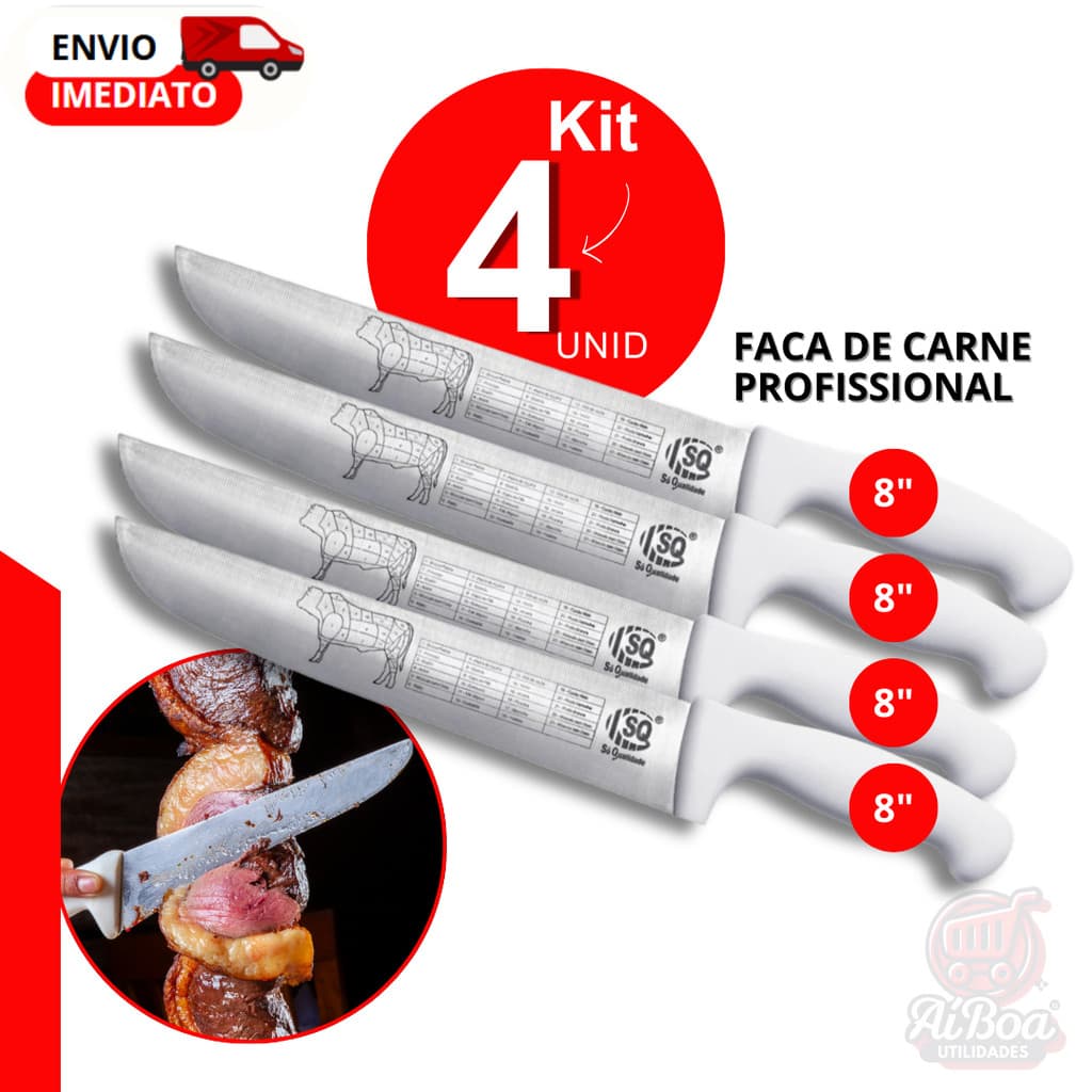 Kit 4, 2 ou 1 unid - Faca Inox Profissional 8" Para Carne Churrasco Cozinha Chef Afiada Cabo Branco