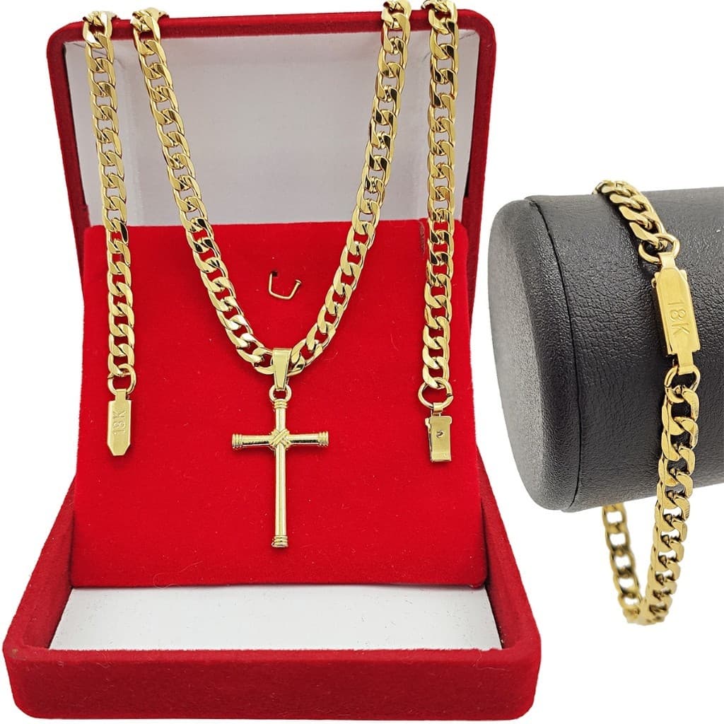 Corrente Masculina Cordão + Pingente Crucifixo + Pulseira Grossa de Luxo Grumet Dourada Exclusivo