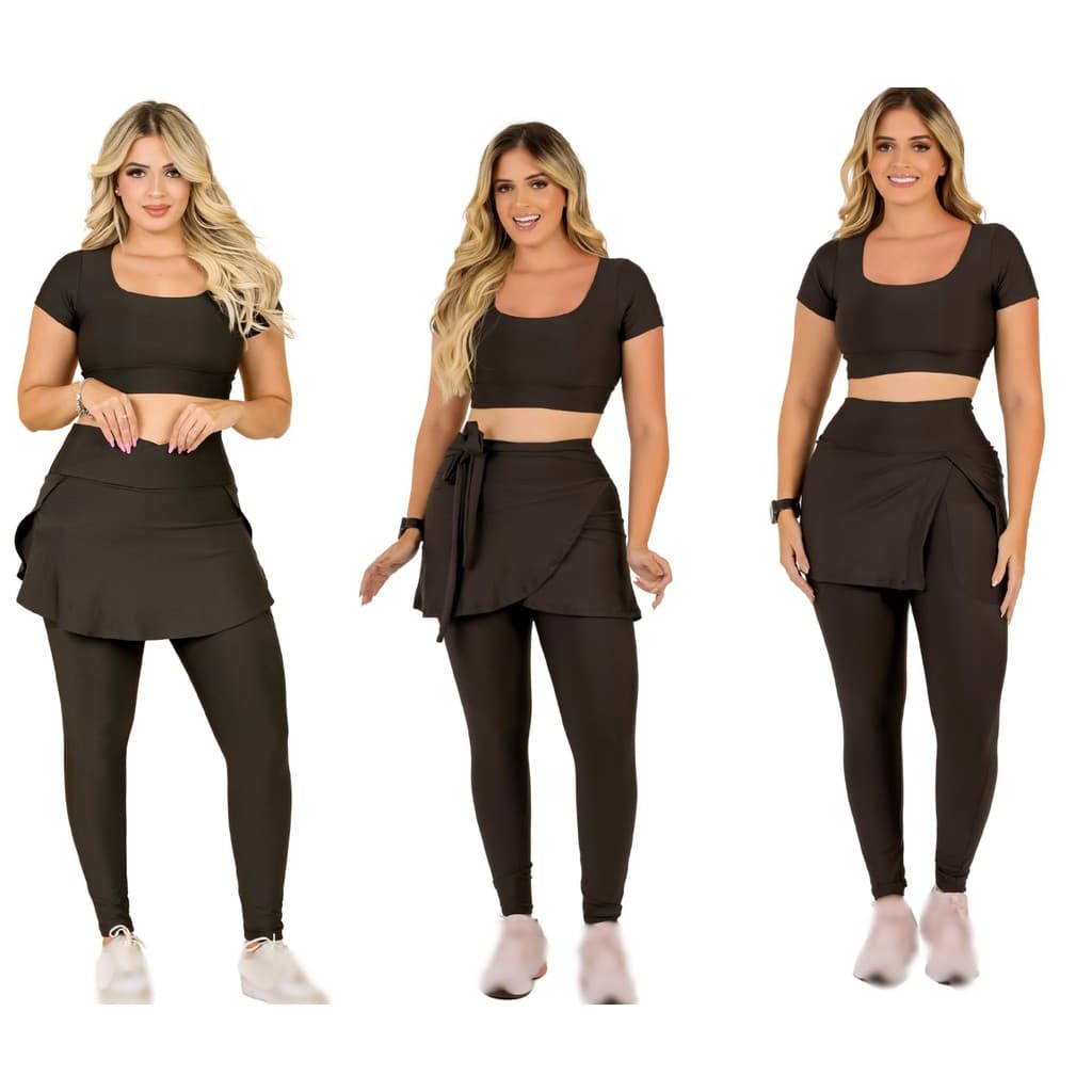 Kit 3 Conjuntos Feminino Fitness Calça Legging Saia Com Bolso e Top Cropped Treino Academia Caminhada The Start