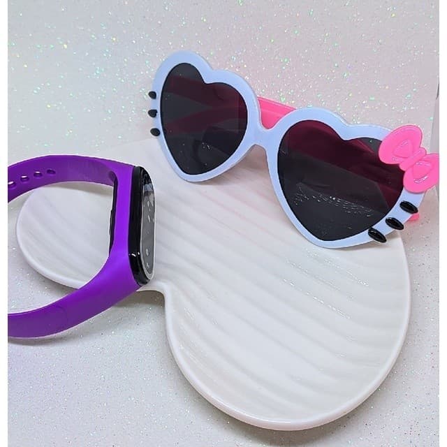 Kit Relógio Infantil Feminino Digital Prova água Bracelete Esportivo + Óculos de Sol Coração com Laço Hello Kitty
