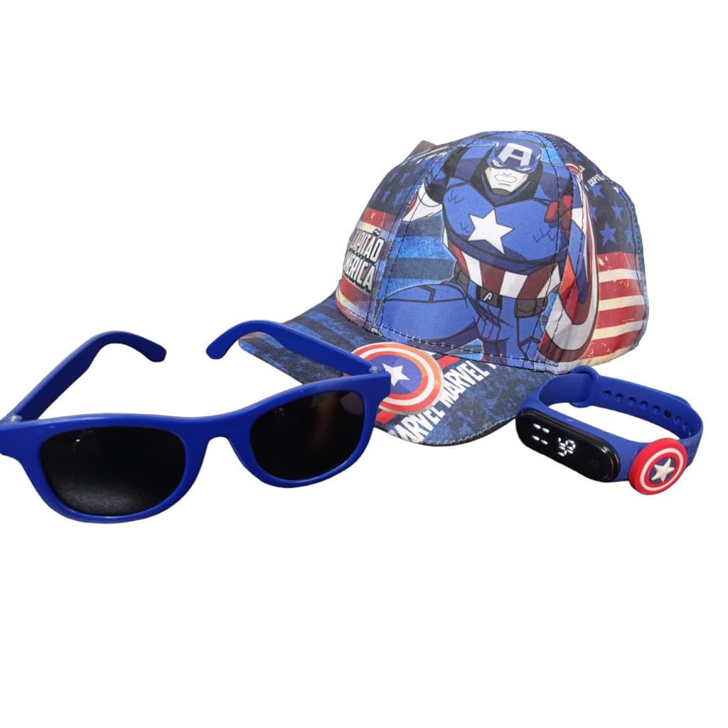 Boné Heroi Capitão America Com Oculos De Sol E Reloginho