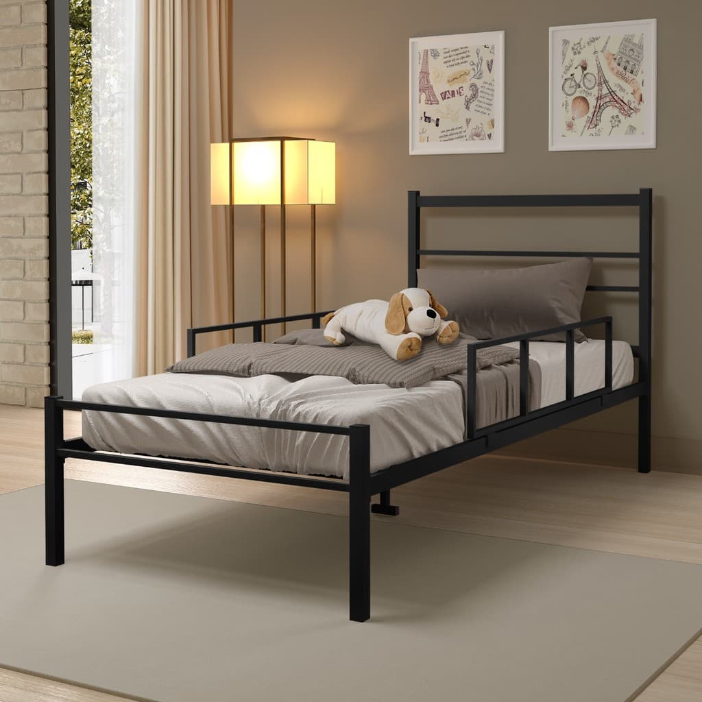 Cama Solteiro 100% Ferro Cristal P/ 160 kg C/Grade de Proteção Lateral -Super Resistente -Preto