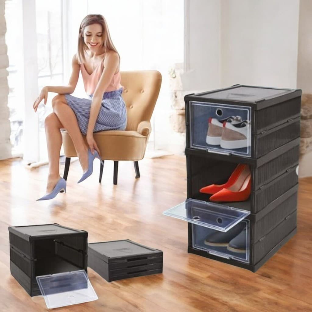 Organizador Triplo Dobrável Grande Preto  Empilhável Plástico Com Porta