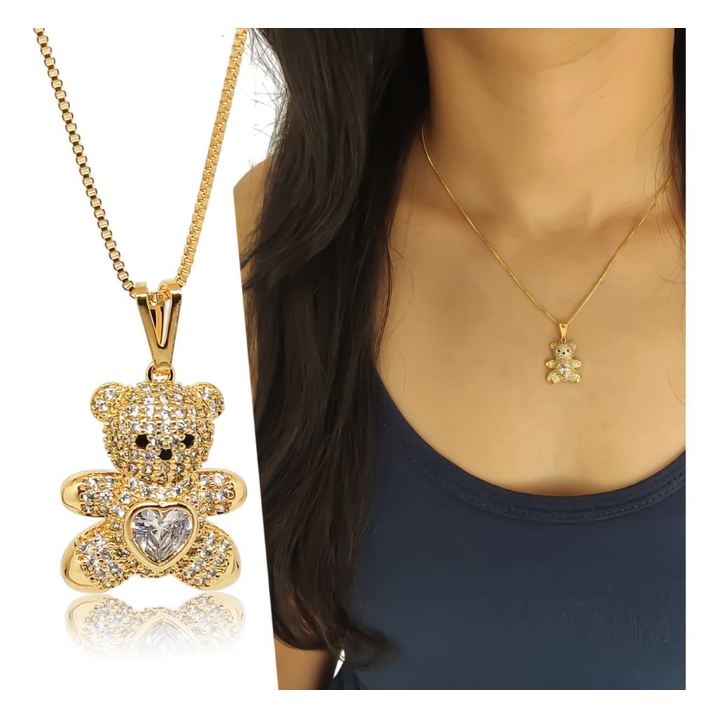 Colar Feminino Ursinho Cravejado Delicado Lindo Sofisticado