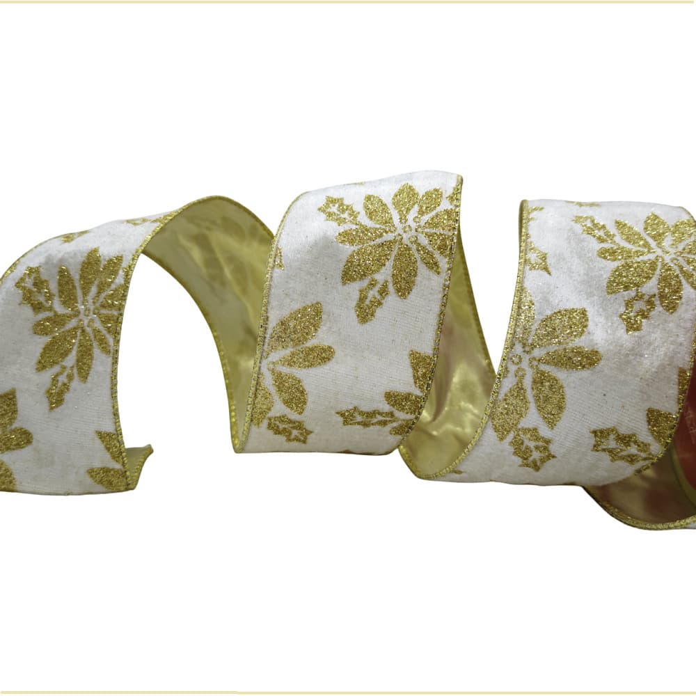 FITA ARAMADA MARFIM FLOR DOURADO OURO 2 METROS 63MM NATAL DECORAÇÃO PRESENTE ÁRVORE