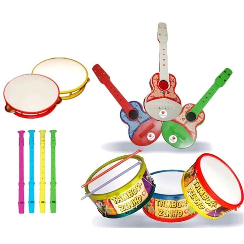 KIT 4 BRINQUEDOS  KIT MUSICAL FLAUTA,PANDEIRINHO,TAMBORZINHO,VIOLÃO