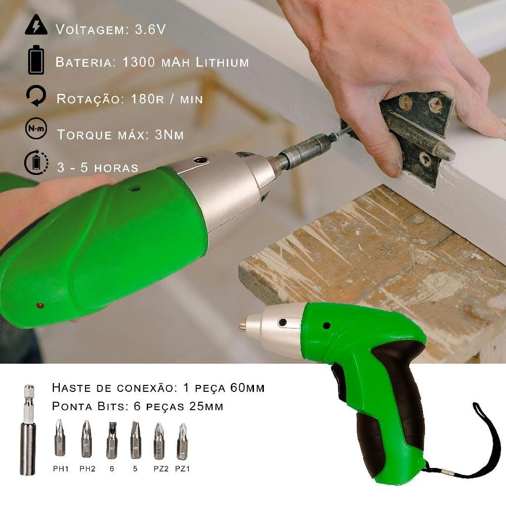 Parafusadeira a Bateria Sem Fio 4.8 volts Bits e Prolongador Carregador USB