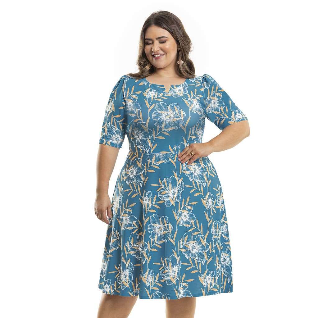 Vestido Midi Plus Size Feminino Evangélico Manga 3/4 Decote com Detalhe