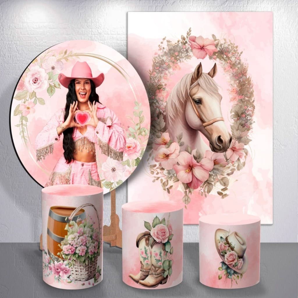 Painel de Festa Boiadeira Cavalo Decoração Pink Menina Capas Trio Cilindro ou Capas Painel Sublimado