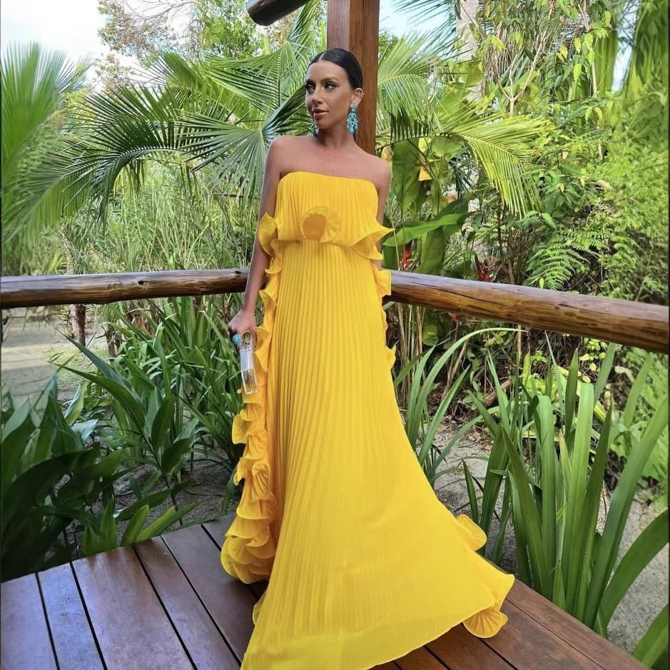 Moda Feminina 2025 Verão Novo Estilo Ins Vestido Maxi Sem Alças Plissado