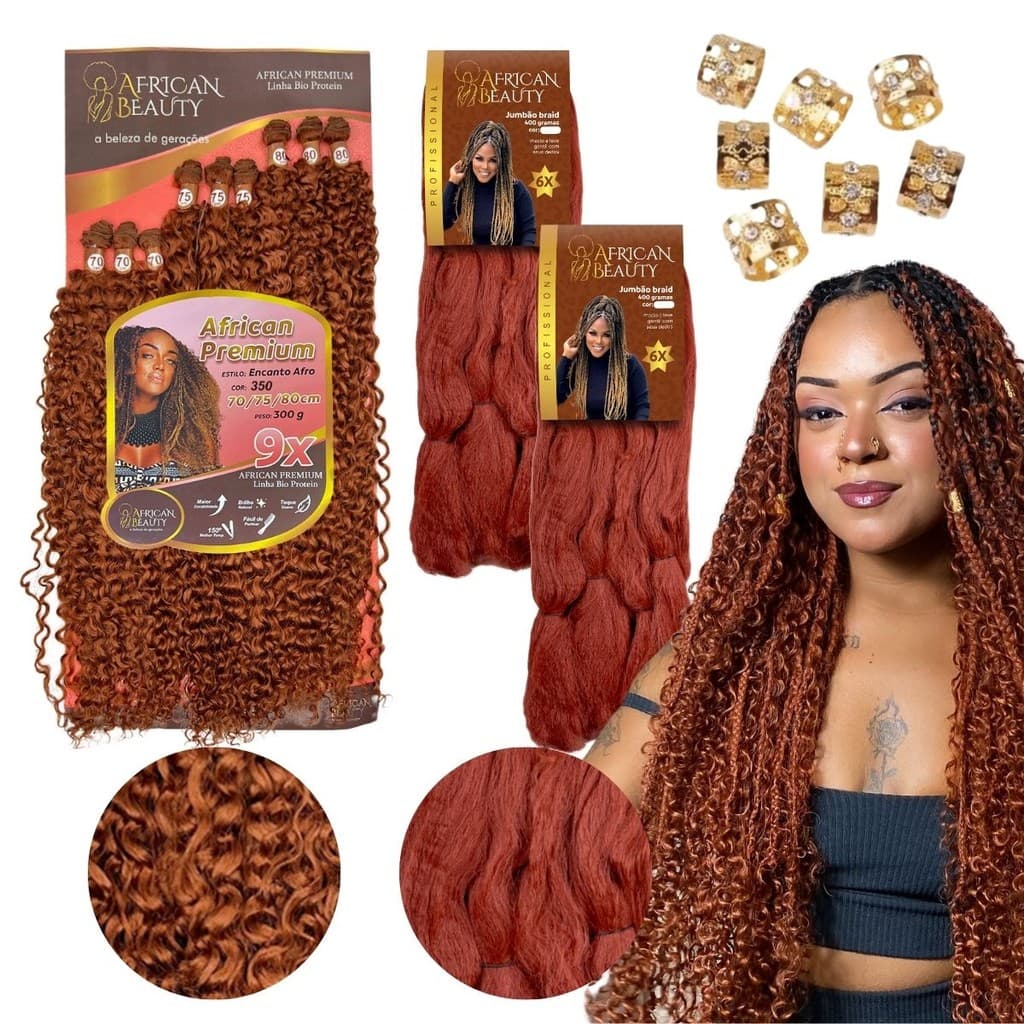 Kit Gypsy Braid African Beauty Cabelo Bio Fibra Cacheado + 2 Jumbos Tranças com cachos