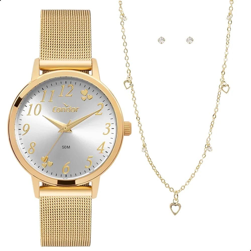 Relógio de Pulso Feminino Condor Dourado CO2035NDP/K4K Conjunto Colar E Brinco Dourado Feminino