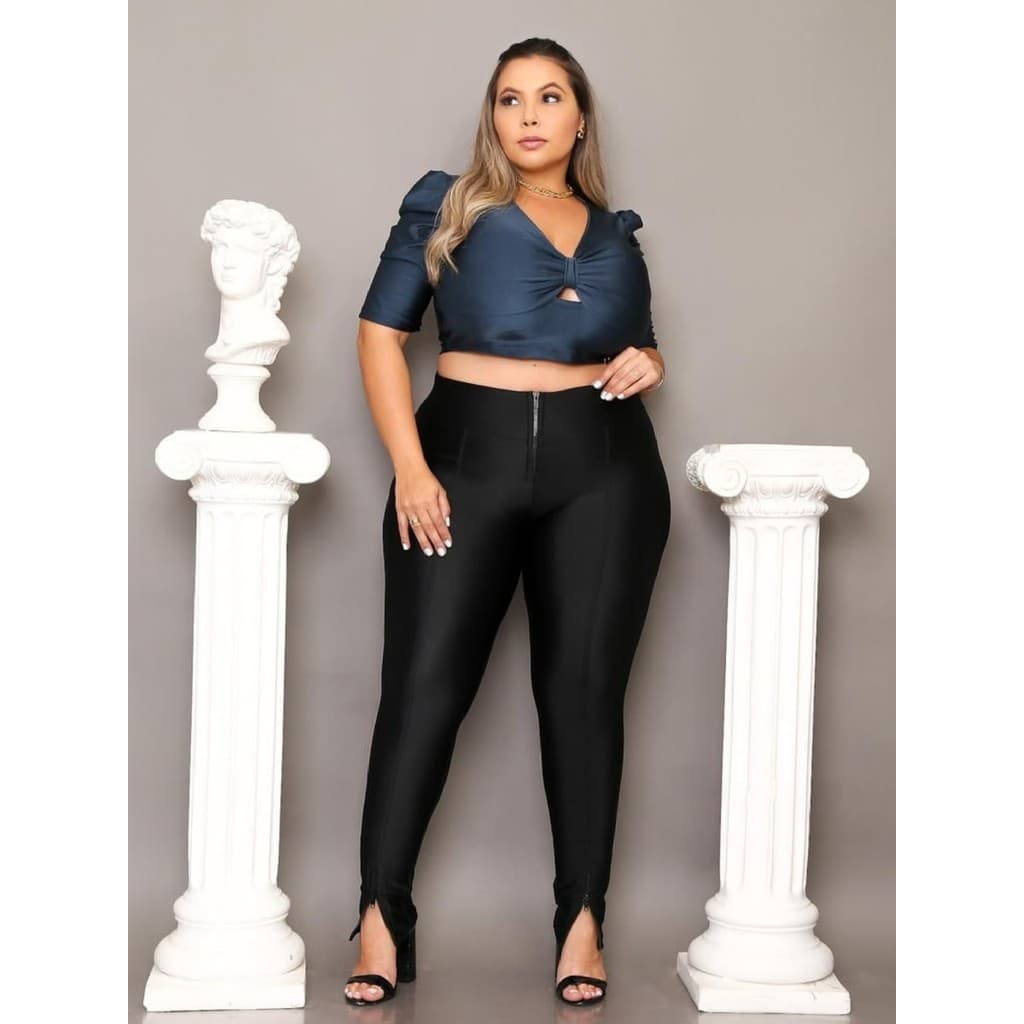 Calça Feminina Plus Size Skinny com Zíper na Barra Cintura Alta Malha Premium Casual Festa Elegante