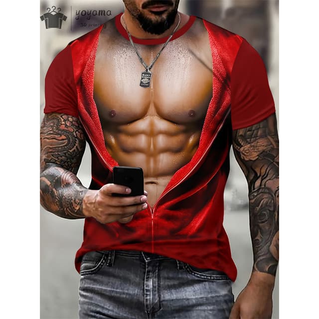3D Digital Muscular Masculino Corpo Padrão Tripulação Pescoço E Manga Curta Camiseta Romance Elegante Verão Topos Para A