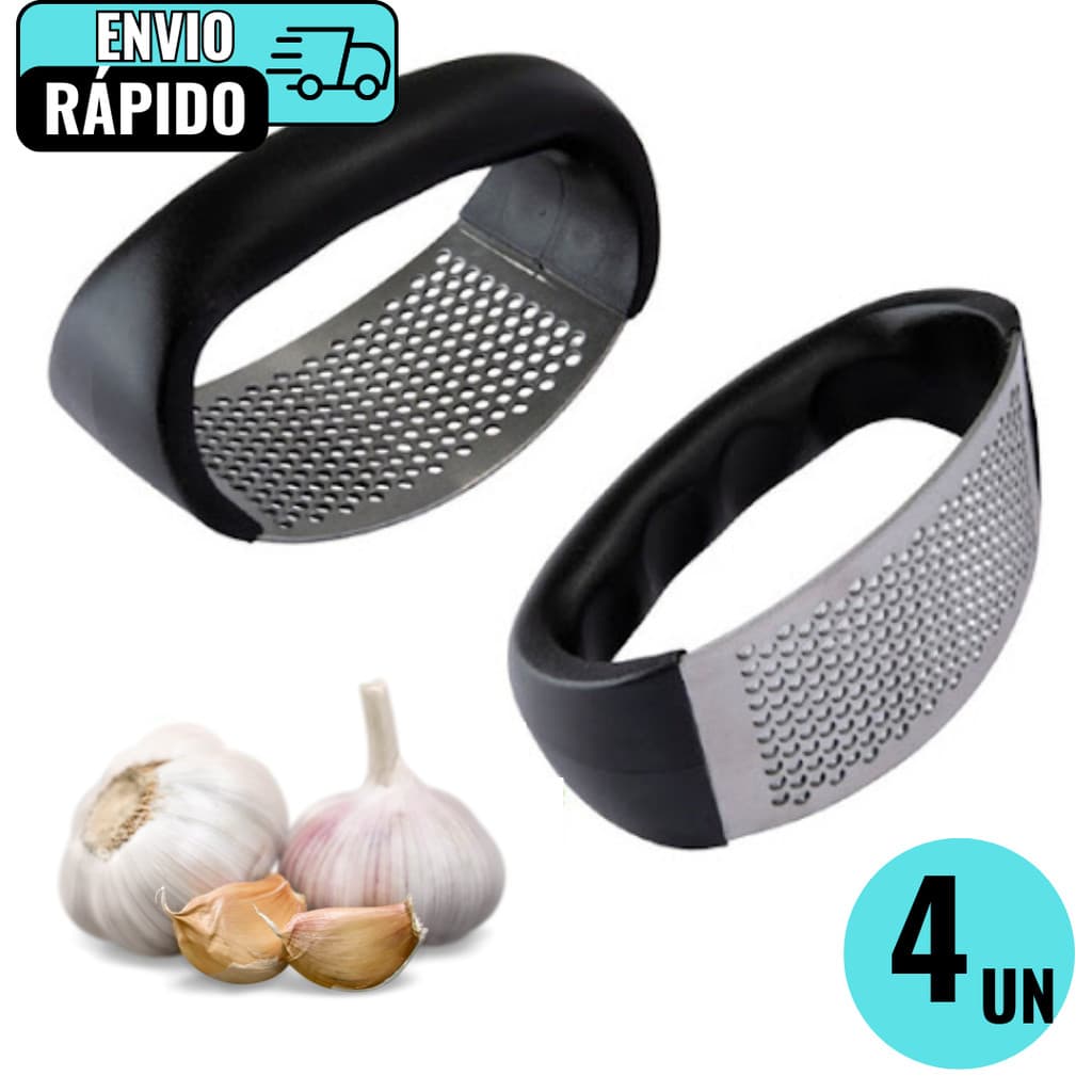 Kit 4 Espremedores de Alho Aço Inox Amassador Manual com Cabo Plástico Utensílio Cozinha Restaurante
